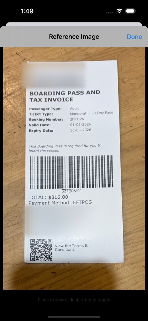 Reference image viewer showing the original photographed ferry ticket