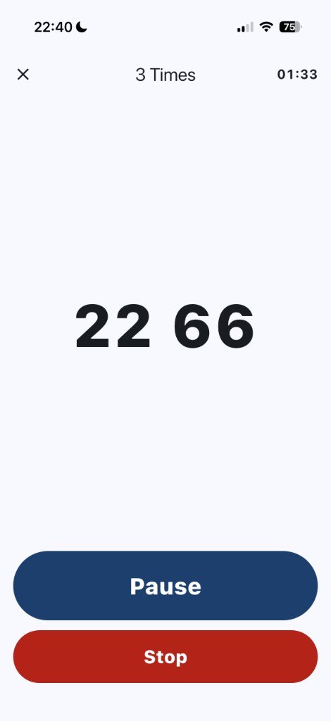 3 Times drill showing 22 66, with Pause and Stop