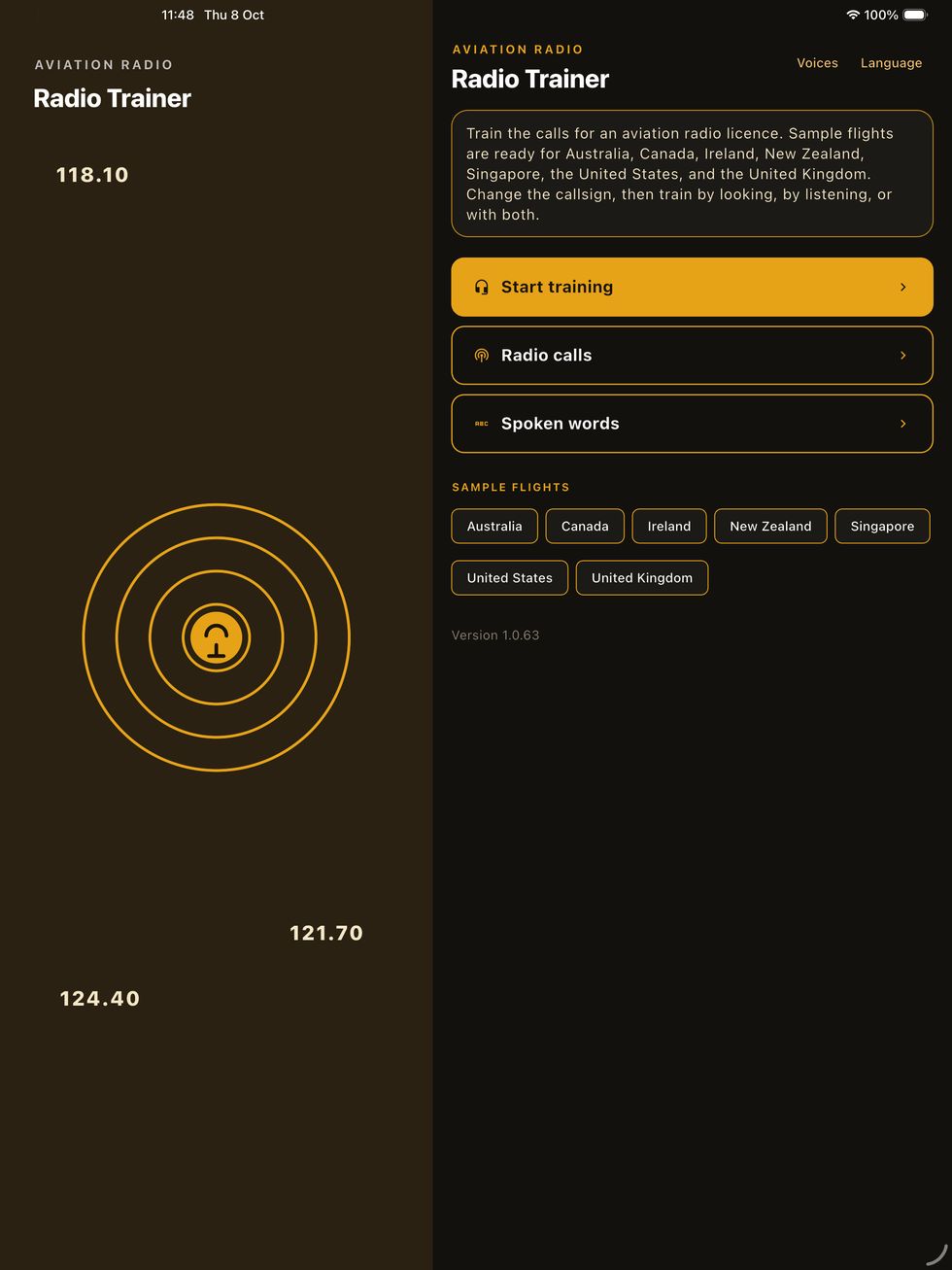 Radio Trainer on an iPad, with a radio graphic and frequencies beside the controls