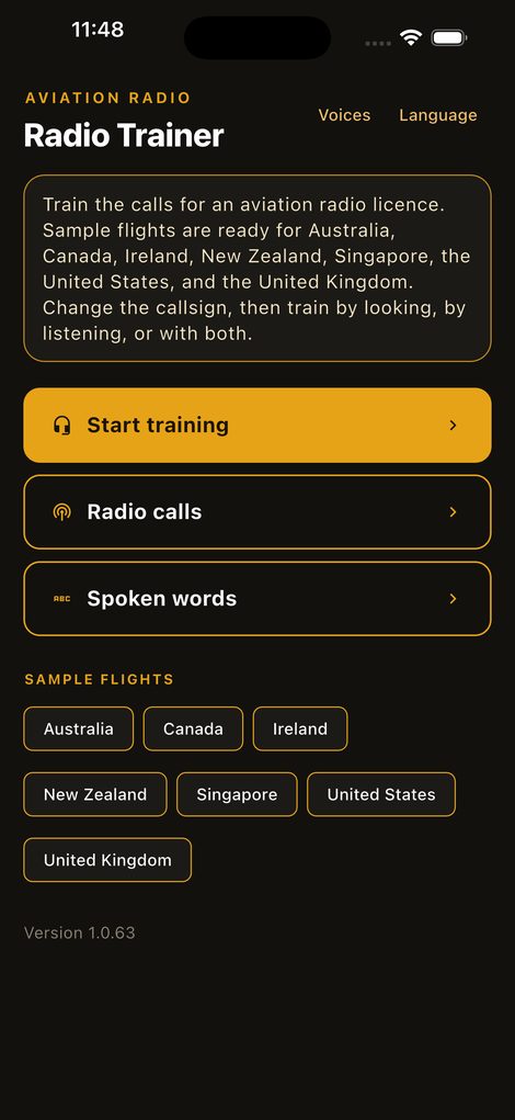Radio Trainer on an iPhone, with sample flights for several countries and Start training