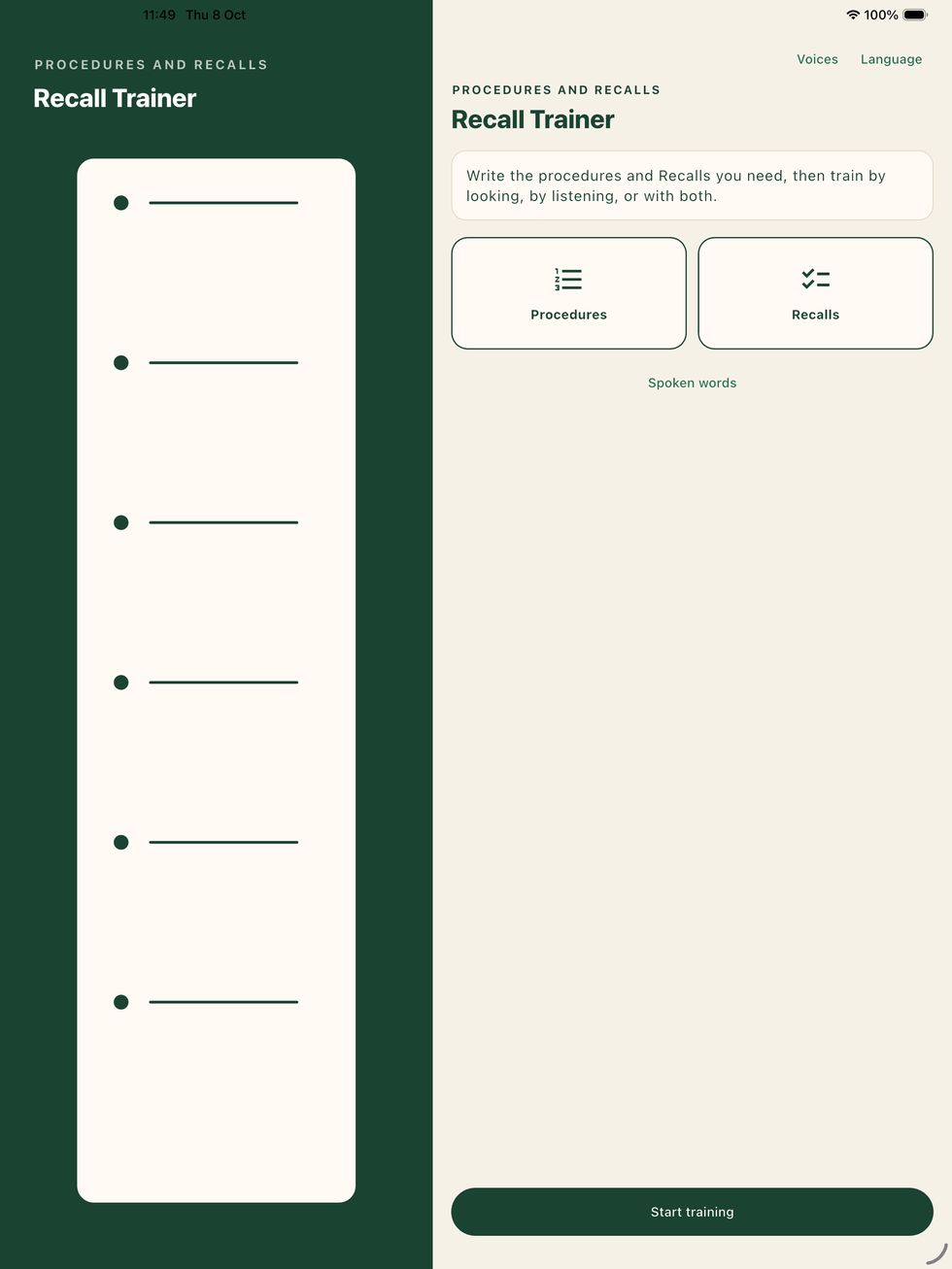 Recall Trainer on an iPad, with a checklist graphic beside Procedures and Recalls